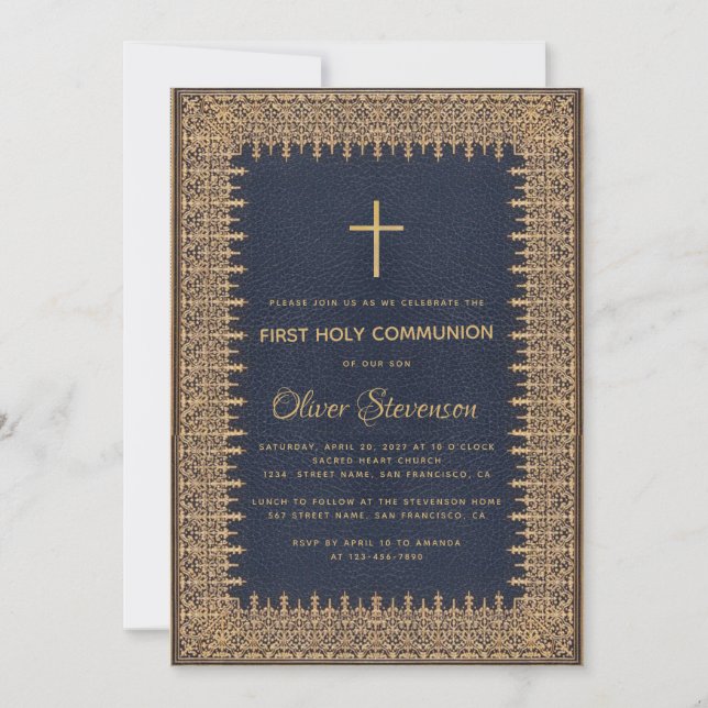 Invitation Boy First Communion Gold Frame Cross Navy Blue (Devant)