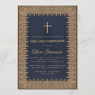 Invitation Boy First Communion Gold Frame Cross Navy Blue