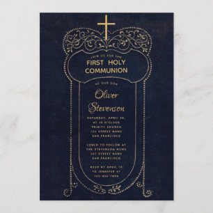 Invitation Boy First Communion Marine Bleu Vintage Calligraph