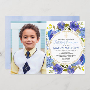 Invitation Boy First Holy Communion bleu jaune floral