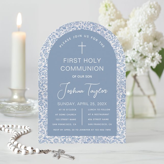 Invitation Boy First Holy Communion Blue Arch Floral Pattern (Créateur téléchargé)