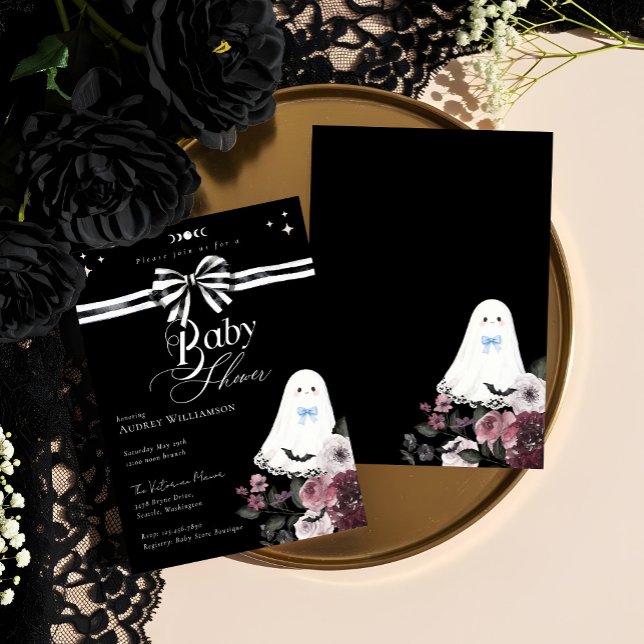 Invitation Boy Ghost Little Boo Floral Baby shower gothique (Boy Ghost Little Boo Floral Gothic Baby Shower Invitation)
