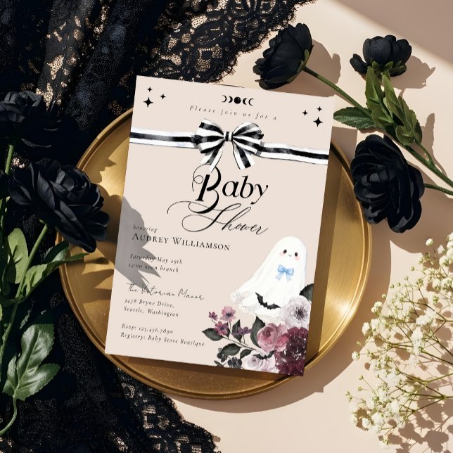 Invitation Boy Ghost Little Boo Floral Baby shower gothique (Boy Ghost Little Boo Floral Gothic Baby Shower Invitation)