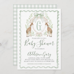 Invitation Boy Giraffe Baby shower Preppy Sage Green En vichy
