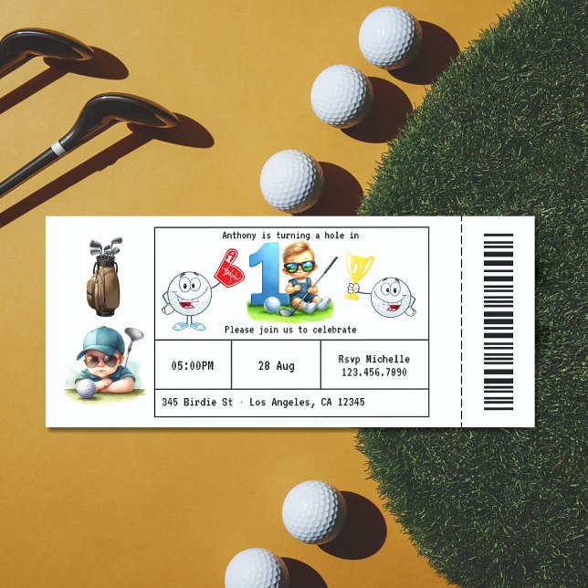 Invitation Boy Golf Billet Style 1ère fête d'anniversaire (Boy Golf Ticket Style 1st Birthday Party Invitation)