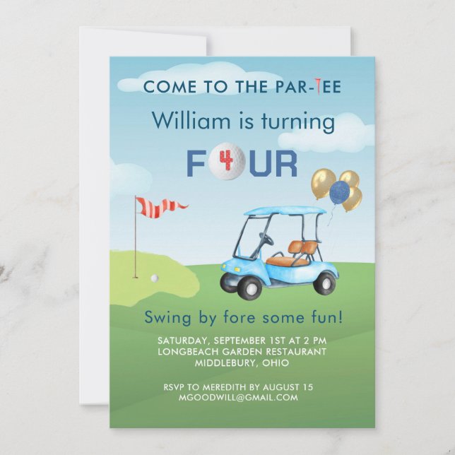 Invitation Boy Golf Cart Par-tee 4TH Birthday  (Devant)