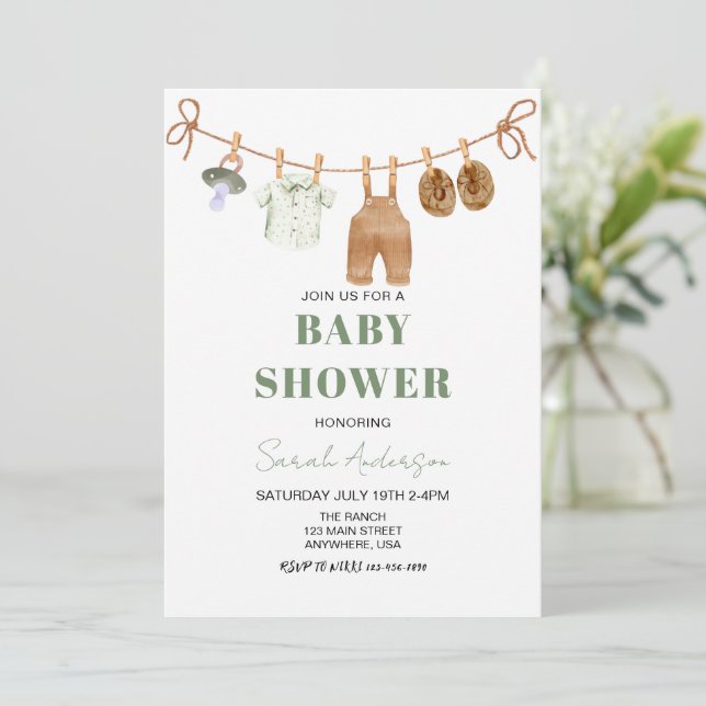 Invitation Boy Green Boho Baby shower Vêtements bébé (Debout devant)