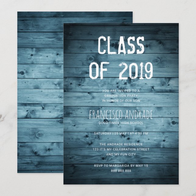 Invitation Boy High School Graduation Party 2019 Rustic Blue (Devant / Derrière)