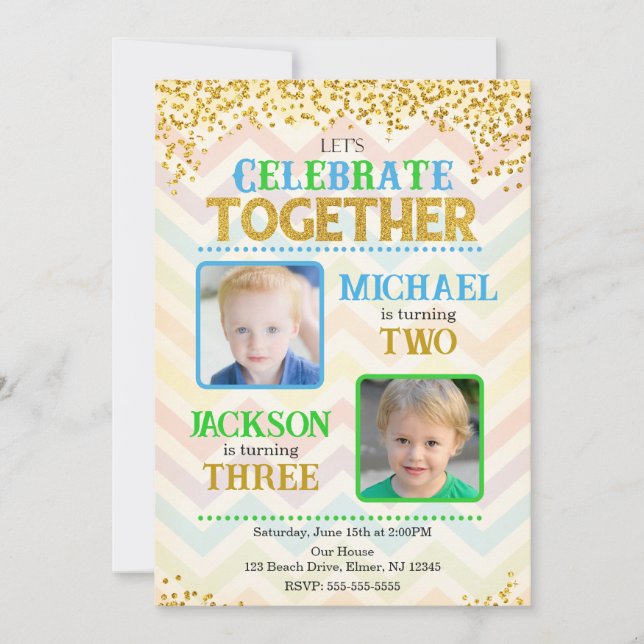 Invitation Boy Joint Siblings Birthday Party Photo (Devant)