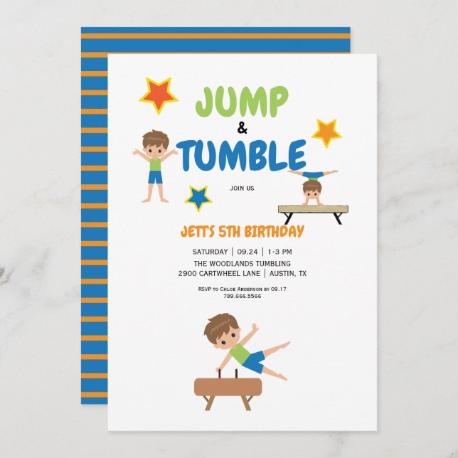 Invitation Boy Jump & Tumble Gymnastique Anniversaire (Devant / Derrière)