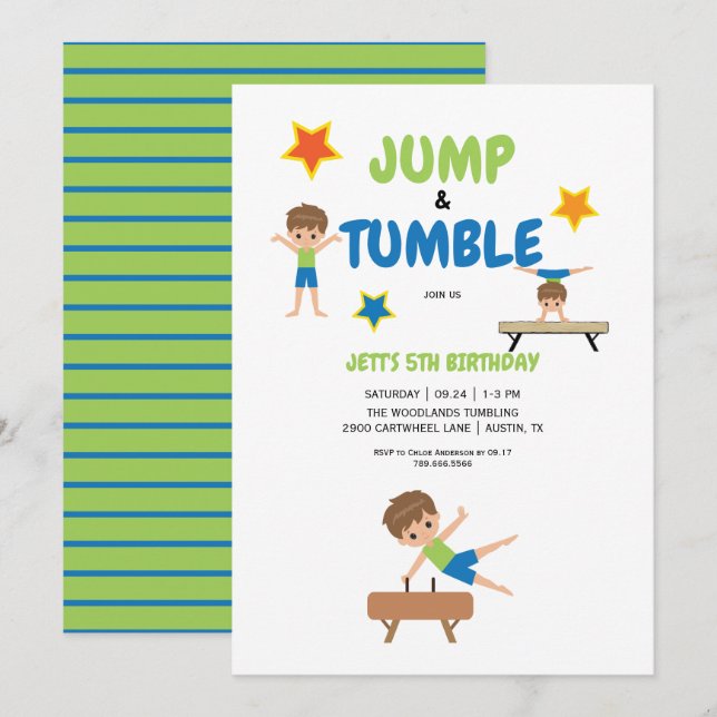 Invitation Boy Jump Tumble Gymnastique Anniversaire (Devant / Derrière)