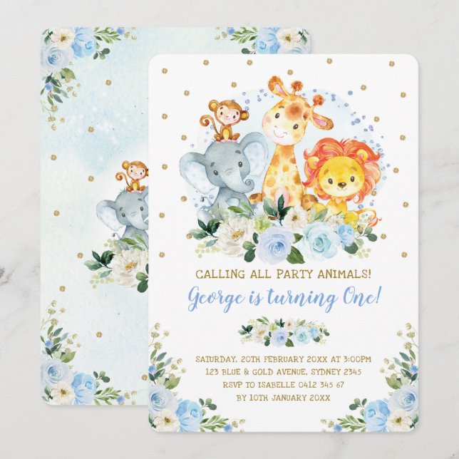 Invitation Boy Jungle Safari Blue Floral Wild Un Anniversaire (Devant / Derrière)