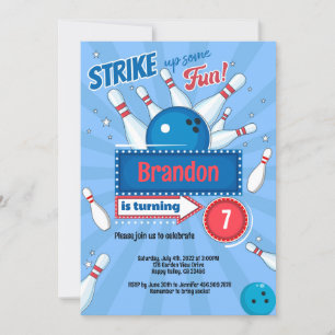 Invitation Boy Kid Bowling fête d'anniversaire Retro Blue & R