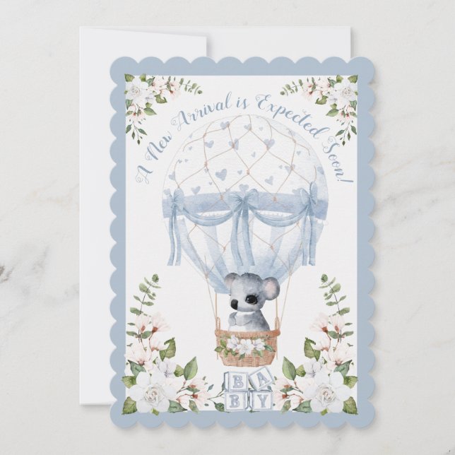 Invitation Boy Koala Blue Hot Air Balloon Floral Aquarelle (Devant)
