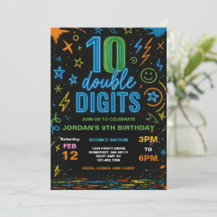 Invitation Boy Neon Double Chiffres 10e fête d'anniversaire