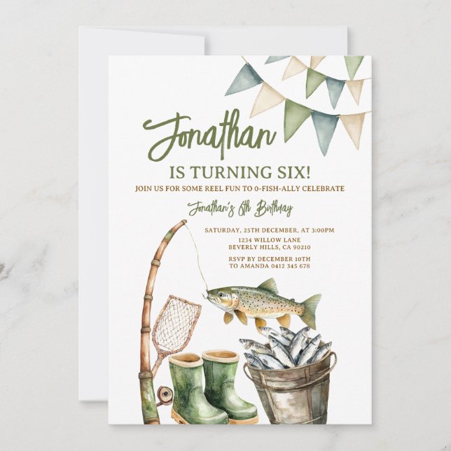 Invitation Boy O-Fish-Ally Birthday Sage Green Gingham Party (Devant)