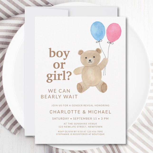 Invitation Boy Or Girl Teddy Bear Balloons Gender Reveal (Créateur téléchargé)