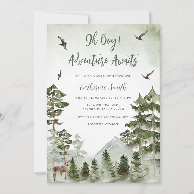 Invitation Boy Pine Tree Deer Mountain Forest Baby Shower  (Devant)