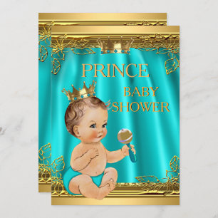 Invitation Boy Prince Baby shower Aqua Turquoise Brunette béb