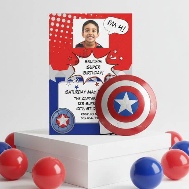 Invitation Boy Superhero, red, white, silver & blue birthday (Créateur téléchargé)