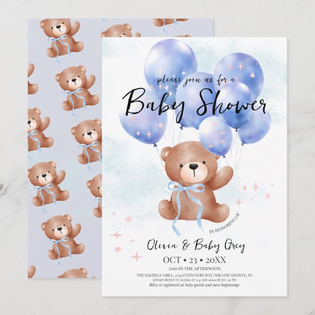 Invitation Boy Teddy Bear Baby Shower  (Devant / Derrière)