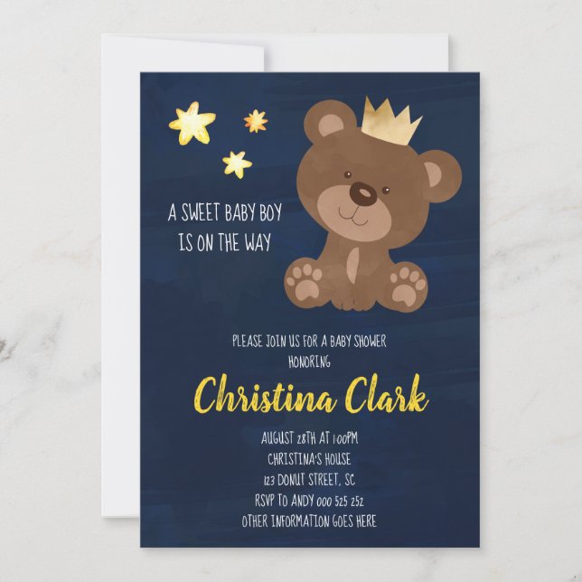 Invitation Boy Teddy Bear Baby shower bleu marine (Devant)