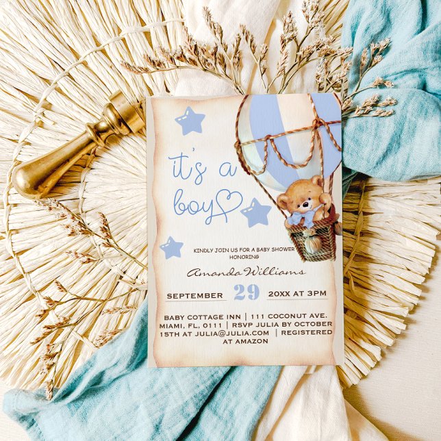 Invitation Boy Teddy Bear Blue Hot Air Balloon Baby shower (Créateur téléchargé)