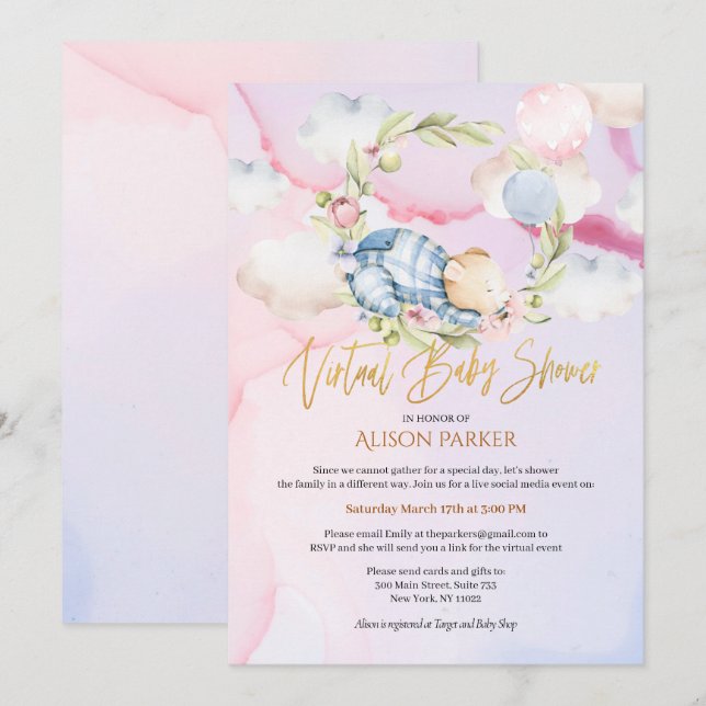 Invitation Boy Teddy Bear Joli Baby shower virtuel (Devant / Derrière)