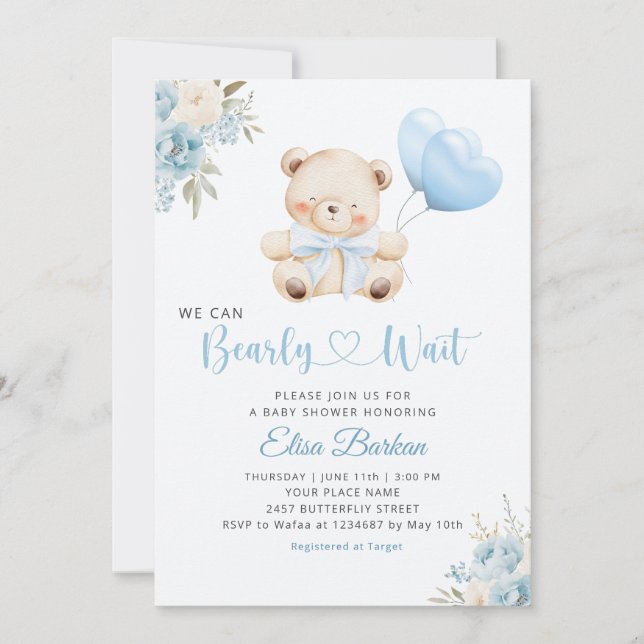 Invitation Boy Teddy Bear We Can Bearly Wait blue Baby Shower (Devant)
