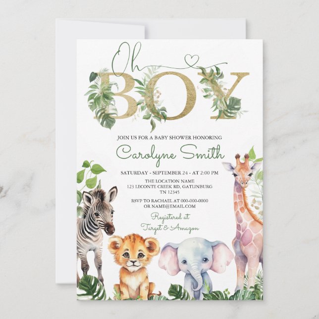 Invitation Boy Tropical Jungle Safari Animaux Baby shower (Devant)