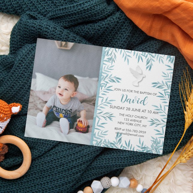 Invitation Boy Turquoise Blue Dove Aquarelle Baptême Invitati (Boy Teal Blue Dove Watercolor Baptism Invitation)
