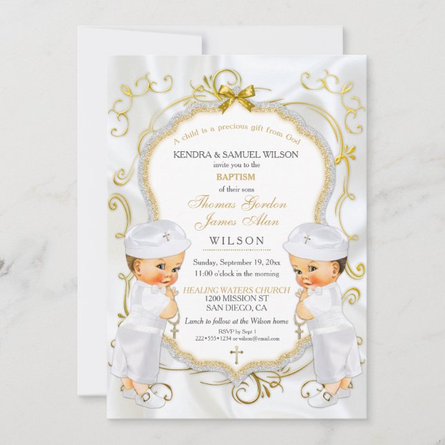Invitation Boy Twins Baptême Christening Gold White Cross (Devant)