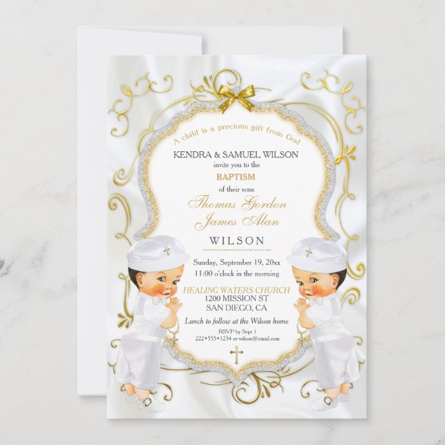 Invitation Boy Twins Baptême Christening Gold White Cross Inv (Devant)