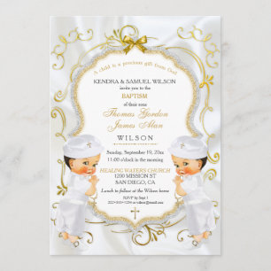 Invitation Boy Twins Baptême Christening Gold White Cross Inv