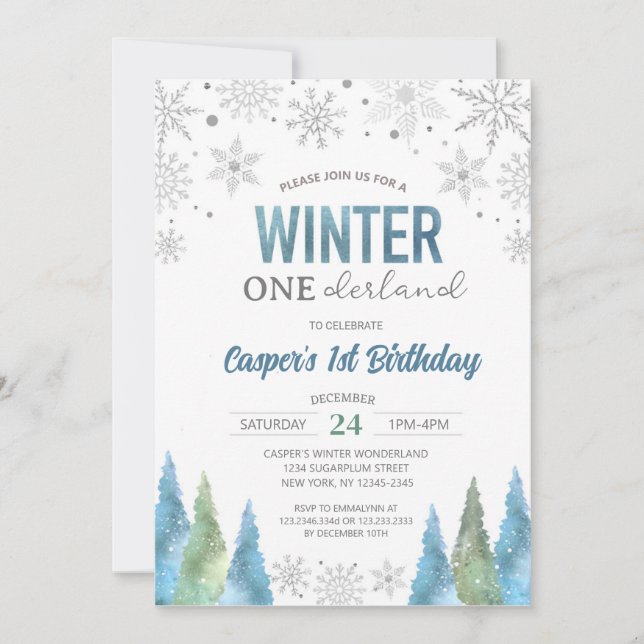 Invitation Boy Winter Onederland Snowflakes Premier anniversa (Devant)