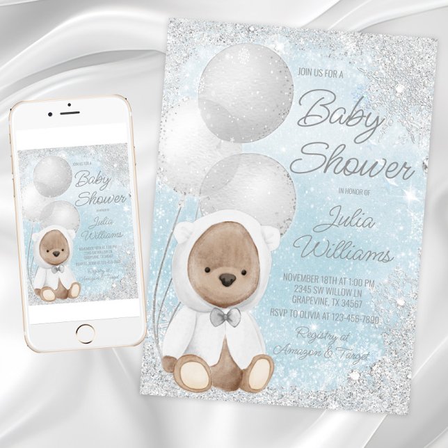 Invitation Boy Winter Wonderland Teddy Bear Baby shower (Boy winter wonderland baby shower invitation with cute winter bear on a snowflake background.)