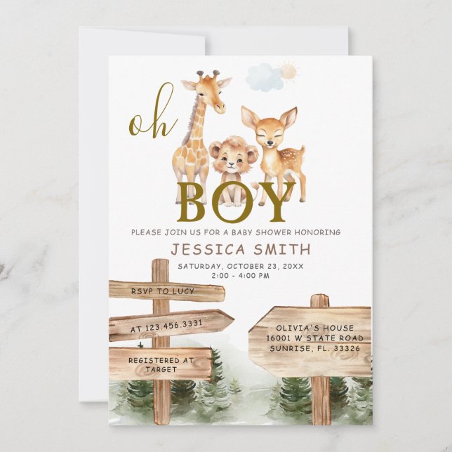 Invitation Boy Wood Forest Safari Animaux Baby shower (Devant)
