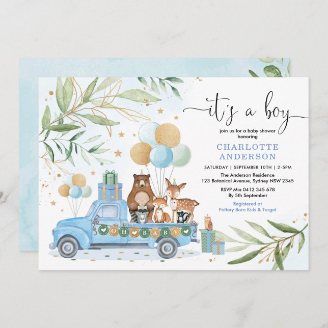 Invitation Boy Woodland Animal Blue Gold Baby shower de verdu (Devant / Derrière)