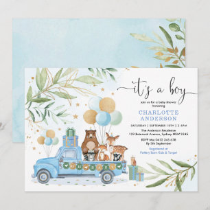Invitation Boy Woodland Animal Blue Gold Green Baby shower
