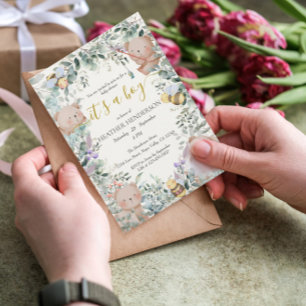 Invitation Boy Woodland Animaux Ours Aquarelle Baby shower