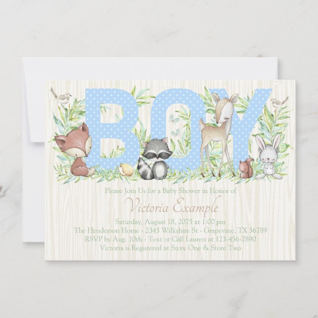 Invitation Boy Woodland Baby Baby shower animal (Devant)