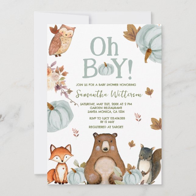 Invitation Boy Woodland Citrouille Animaux Baby shower (Devant)