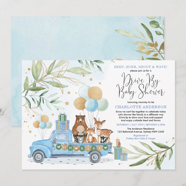 Invitation Boy Woodland Forest Drive Par Baby shower Parade (Devant / Derrière)