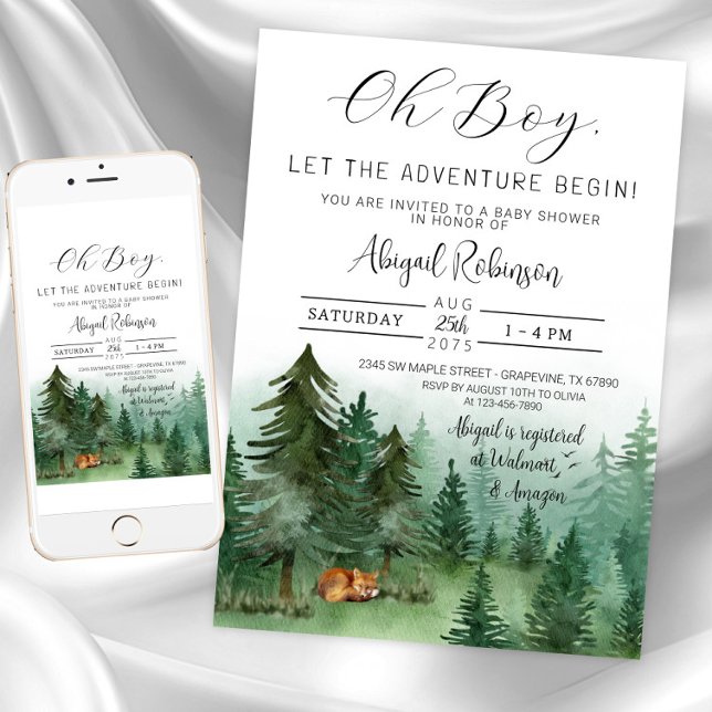 Invitation Boy Woodland Fox Oh Boy Baby shower (Boy adventure begins baby shower invitation. Instant download and printed invitations available.)