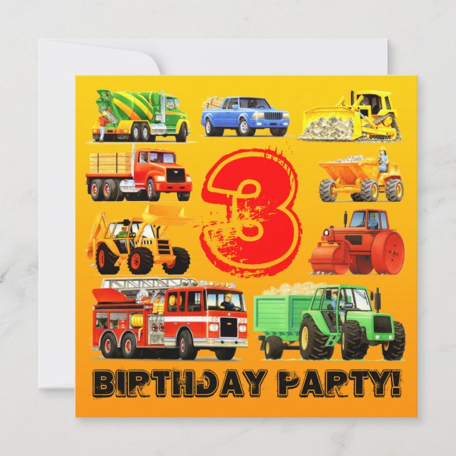 Invitation Boy's 3rd Birthday Party Construction Camion sur m (Devant)