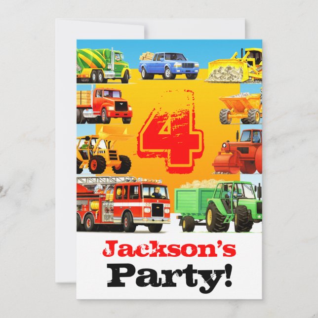 Invitation Boys 4th Birthday Construction Trucks Party (Devant)