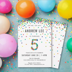 Invitation Boys 5e fête d'anniversaire, Confetti couleur prim