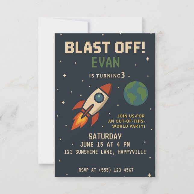 Invitation Boys Anniversaire - espace extérieur rocketship (Devant)