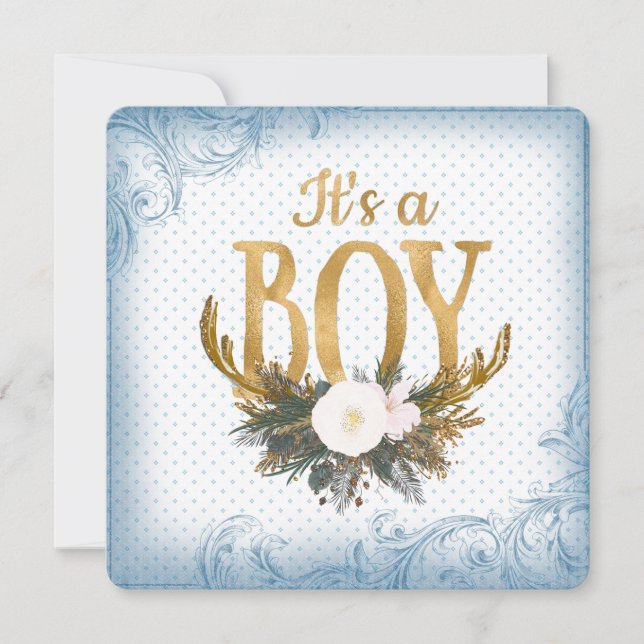 Invitation Boys Antler Baby shower bleu et or (Devant)