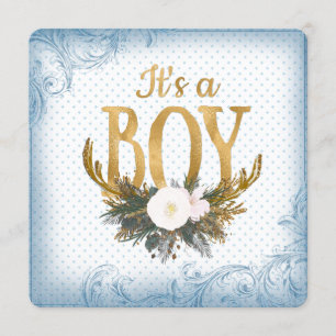 Invitation Boys Antler Baby shower bleu et or